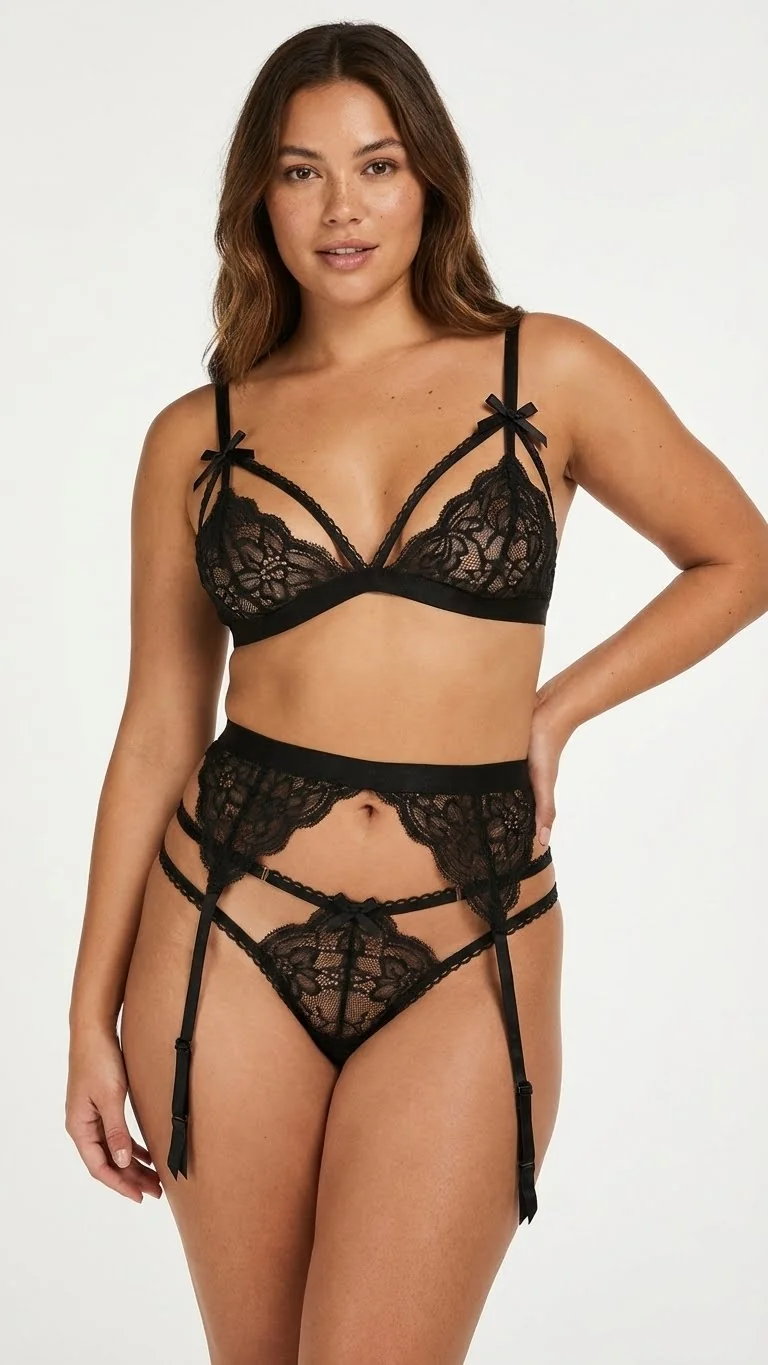 LunaIntim Kadın Fransız Jartiyer Takımı Dantel Detaylı Gece Siyahı - Jartiyer Detay